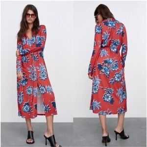 Zara Red Floral Button‎ Front Long Sleeves Midi Dress Medium